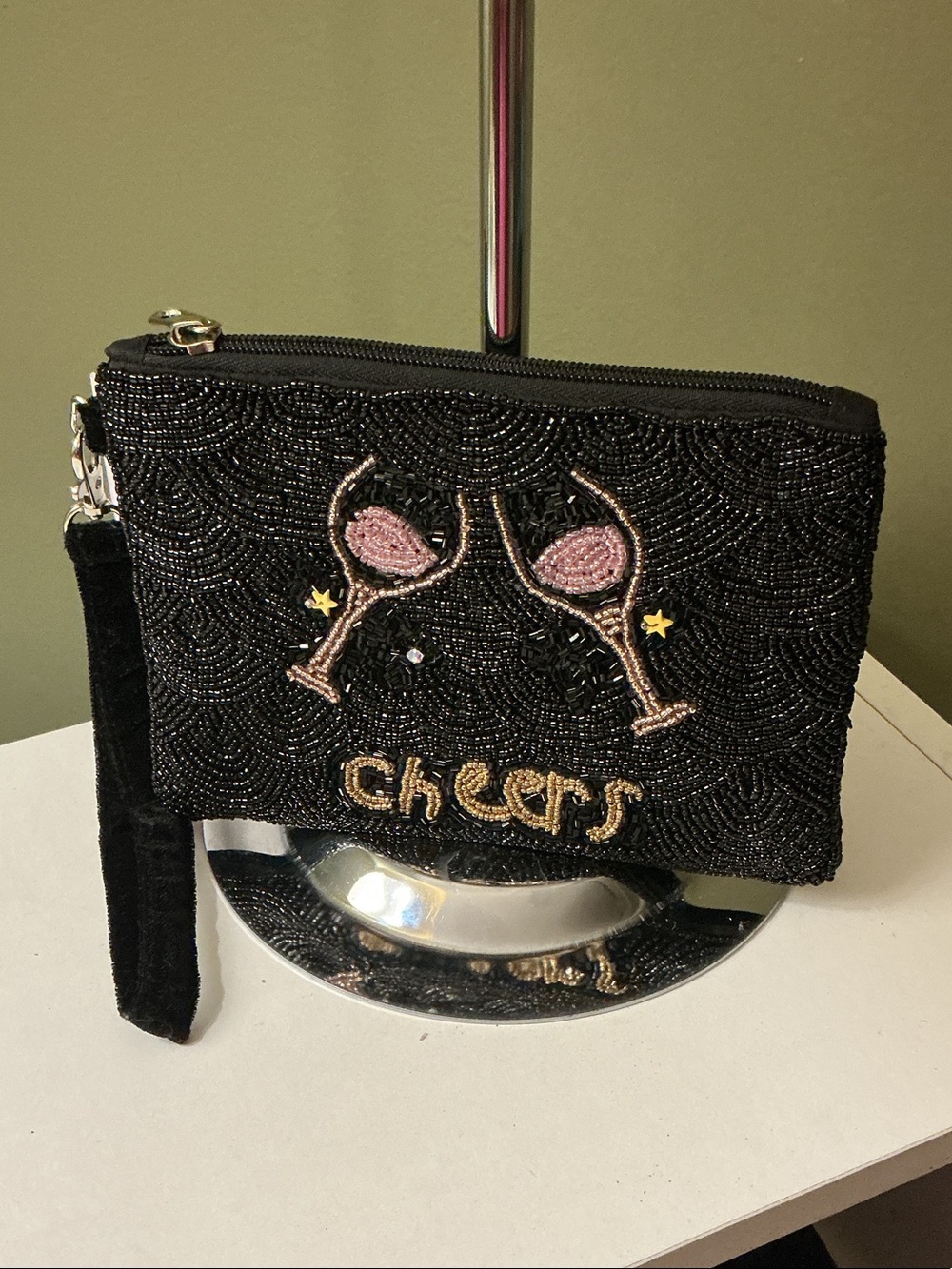 BACCI Black Beaded Wristlet Clutch Pink Wine Glass Embellishment NWT